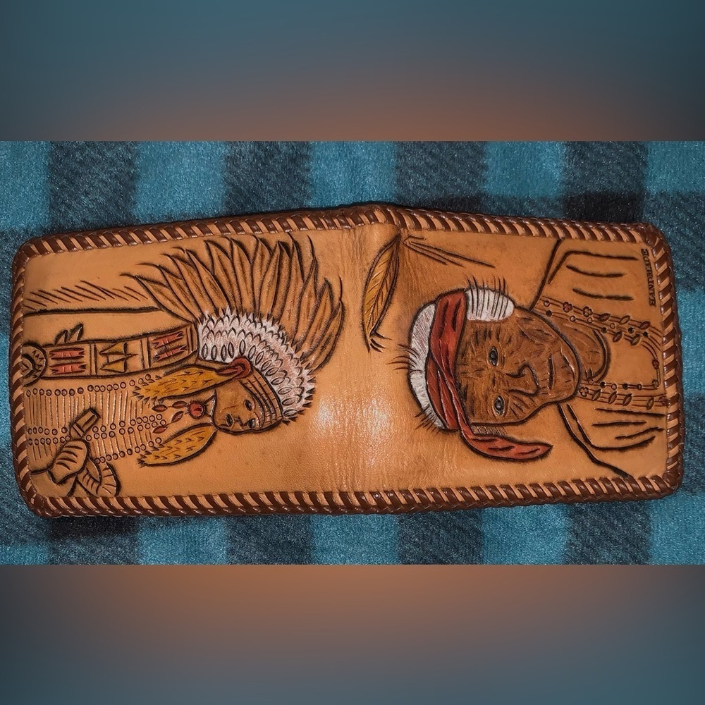 Hand Tooled leather braided Native American wallet with box